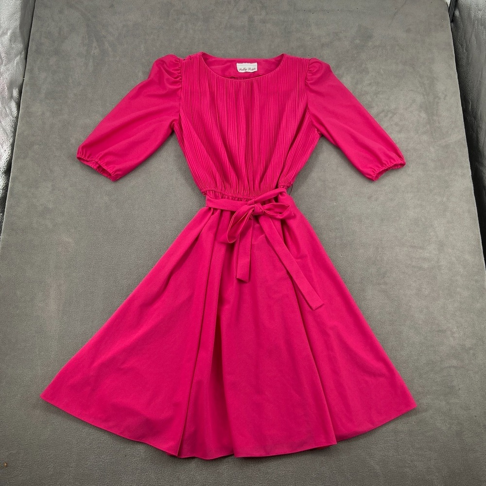 Sally Petite‎ Fit & Flare Dress Womens Pink Pleated Puff Sleeve Tie Waist Party